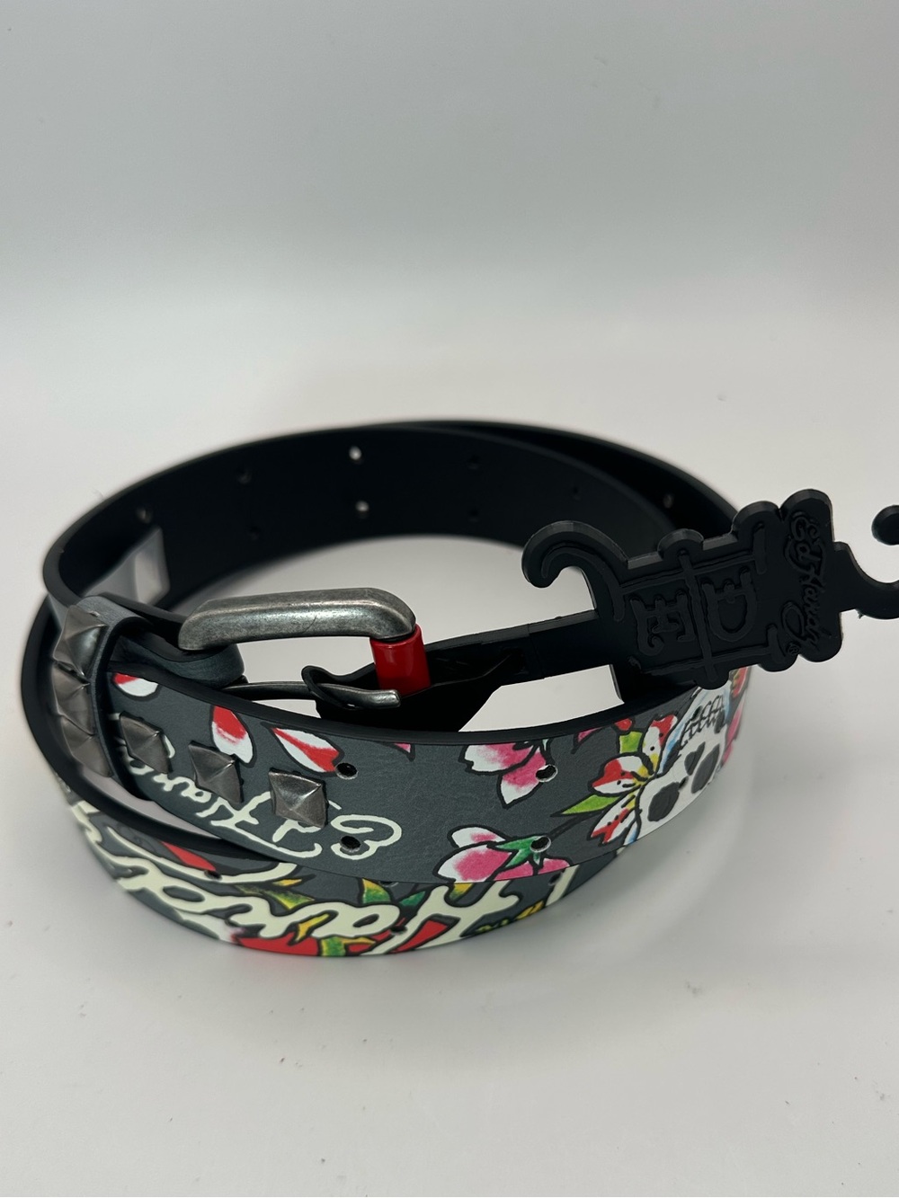 Ed Hardy Men's Graphic Floral Skull Tattoo Studded Belt Adjustable Buckle 38
